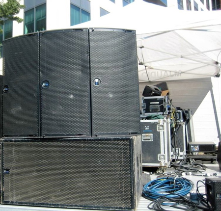 Meyer JMs stacked on top of a horizontal 700 Subwoofer.